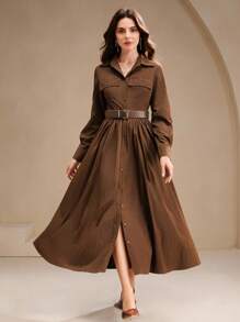 Anewsta French Retro Long Sleeve Belted Long Shirt Dress - Coffee - View 7