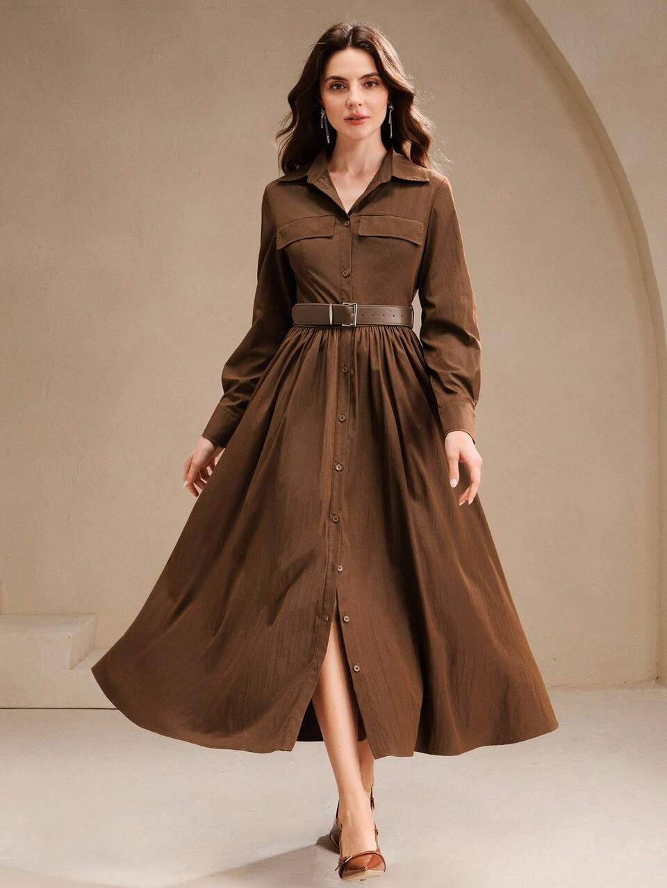 French Retro Long Sleeve Belted Long Shirt Dress