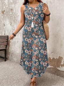 EMERY ROSE Plus Size Women Floral Print Side Slit Hem Casual Sleeveless Dress - Multicolor - View 4