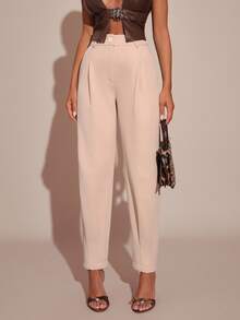 SHEIN Pantalon de costume plissé de couleur unie pour femmes - Beige - Voir 1