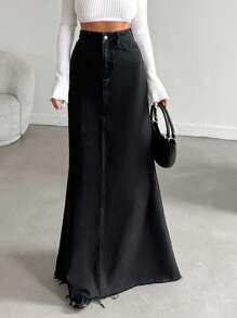SHEIN Tall High Waist Raw Hem Denim Skirt - Black - View 4