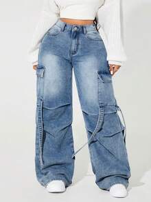 SHEIN ICON Damen Cargo Jeans in Große Größen mit Plissee-Weitem Bein und locker Passform - Blau - Übersicht 3