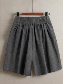Linhara 大码女式夏季亚麻休闲通勤日常外出松紧腰圆下摆开衩设计中国结装饰纽扣短裤 - 灰色 - 查看 2