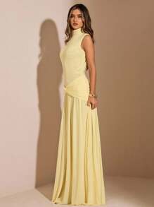 SHEIN BAE 秋季纯色黄色高领无袖紧身长喇叭裙，黄色连衣裙，奶油黄色连衣裙，生日连衣裙，约会连衣裙，节日派对连衣裙，宴会连衣裙 - 黃色 - 查看 4