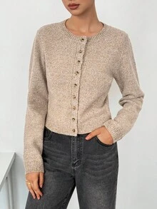 SHEIN Tall Autumn And Winter Women's Khaki Round Neck Long Sleeve Single-Breasted Casual Short Wool Knit Thick Cardigan, Short Jumper, Cute Jumper, Fall Women Clothes, Going Out Tops, Business Casual Woman, Fall Sweaters, Office Attire, Basic Sweaters,Fall Clothes For Women,Chic Blouse For Women,Long Sleeve Going Out Top,Elegant,Civil Wedding,Wedding Guest , Party