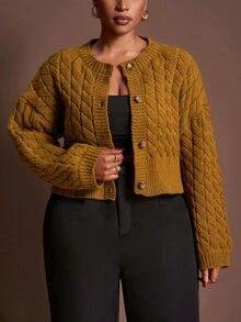 Veslaya 秋冬新款优雅休闲宽松纯色深黄色长袖短款针织开衫，适合派对、约会和日常穿着，大码女款 - 芥末黃 - 查看 6