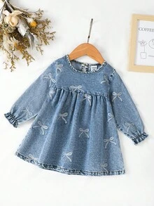 Elladie kids Baby Girl Denim Dress 1pc Baby Girls' Casual Cute Blue Washed Denim Dress Baby Denim Dress Toddler Denim Dress Bow Denim Dress Blue Denim Dress Blue Baby Dress Fall Winter - Blue - View 3