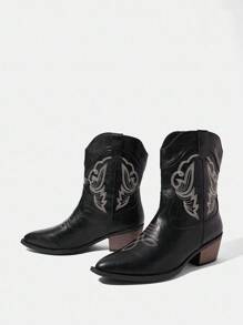 Styleloop 新款女式欧美风马靴，厚底防滑耐用，刺绣工艺，柔软舒适，波西米亚风装扮，美式复古风，波西米亚风，西部音乐节，派对，圣诞节，万圣节装扮 - 黑色 - 查看 11