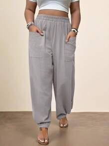 Freevana Plus Size Light Grey Woven Fabric Casual Long Pants With Pockets - Light Grey - View 3