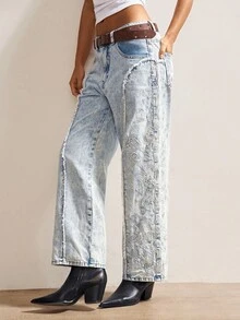 Bohemela 波西米亚乡村度假复古休闲纯色刺绣梭织宽松直筒女裤 - 淺藍色 - 查看 5