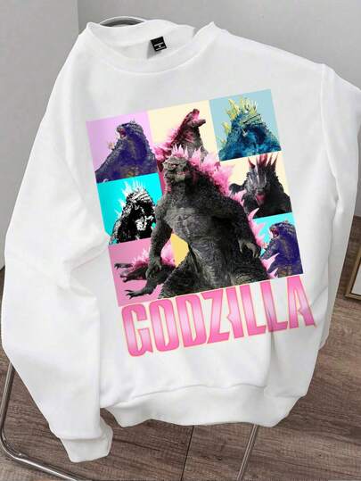 GODZILLAxKONG X SHEIN 女士白色宽松卫衣，清爽休闲，基础款，印花卫衣，复古印花卫衣，返校季，秋冬季