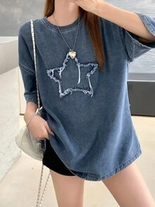 SHEIN 少女 Y2k 上衣 2000 年代风格宽松大码牛仔上衣，圆领，落肩，五角星磨损设计，垃圾朋克服装，女孩秋冬返校返校节服装套装，纽扣后背牛仔衬衫