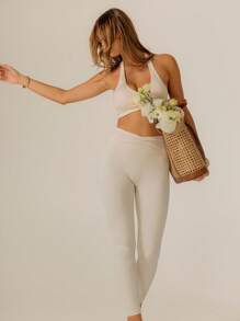 SHEIN Aralina-E Quần legging nhún Leisurewear hoàn hảo cho trang phục thể thao mùa hè và mùa đông, trang phục đi biển và trang phục sân bay cho phụ nữ - Màu be - Xem 8