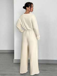 SHEIN EZwear 2件套女士针织斜肩上衣和裤子休闲套装 - 杏色 - 查看 2