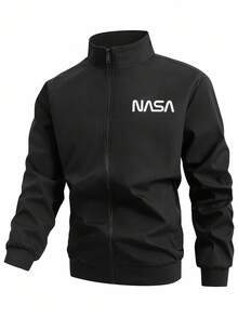 Manfinity Homme Men Plus Size Minimalist Printed Zip-Up Long Sleeve Jacket,Fall - Black - View 1
