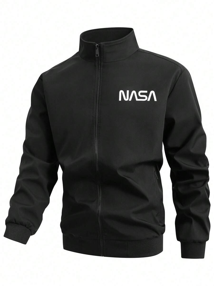 Manfinity Homme Men Plus Size Minimalist Printed Zip-Up Long Sleeve Jacket,Fall - Black - View 1
