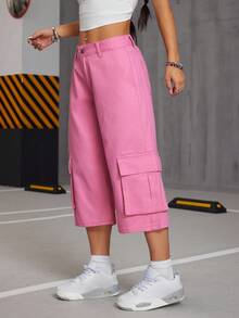 SHEIN ICON Pink Cargo Pocket Low Rise Wide Leg Wash Pants - Pink - View 4