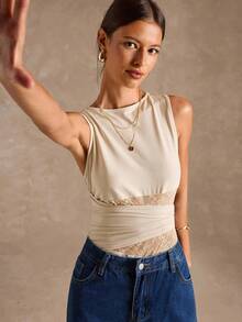 SHEIN BAE Women's Round Neck Contrast Lace Sleeveless Bodysuit