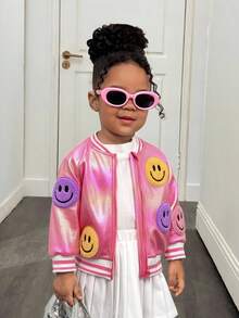 SHEIN Chaqueta de manga larga con estampado de carita sonriente rosa, versátil para otoño/invierno - Rosa - Ver 5