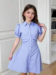 SHEIN 青少年女孩休闲复古优雅修身编织条纹褶皱 A 字形纽扣前抽绳腰部泡泡袖连衣裙，适合返校、居家、郊游、派对，蓝色 - 藍色 - 查看 6