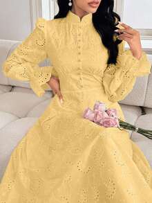 Modelyn 孔眼刺绣荷叶边袖长连衣裙 - 黃色 - 查看 3