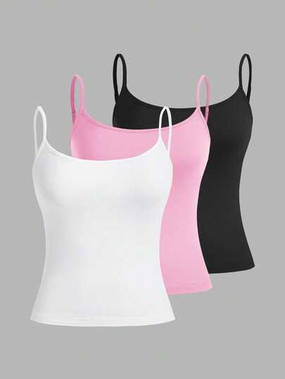 SHEIN EZwear 3pcs/Set Casual Adjustable Strap Fitted Tank Top, Suitable For Summer