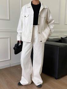 DAZY 女士宽松休闲白色牛仔套装，秋季新品 - 白色 - 查看 5