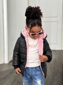 SHEIN Babygirl Cute Black Warm Fleece Hooded Padded Coat, Autumn/Winter Fall - Black - View 5