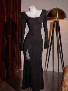 Slumberist 女士性感方领长袖高开衩半透明蕾丝拼接睡裙，秋冬款 - 黑色 - 查看 7