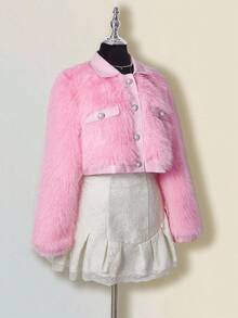 SHEIN ICON Women's Solid Color Long Sleeve Single-Breasted Faux Fur Elegant Jacket In Fall/Winter - Pink - View 11