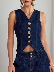 SHEIN Elenzya 女式纯色休闲无袖牛仔上衣 - 藍色 - 查看 5