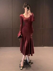 DAZY Women's Square Neck Flare Sleeve Glitter Fish Tail Hem Elegant Mid-Length Dress Red Women Dresses Prom Dress