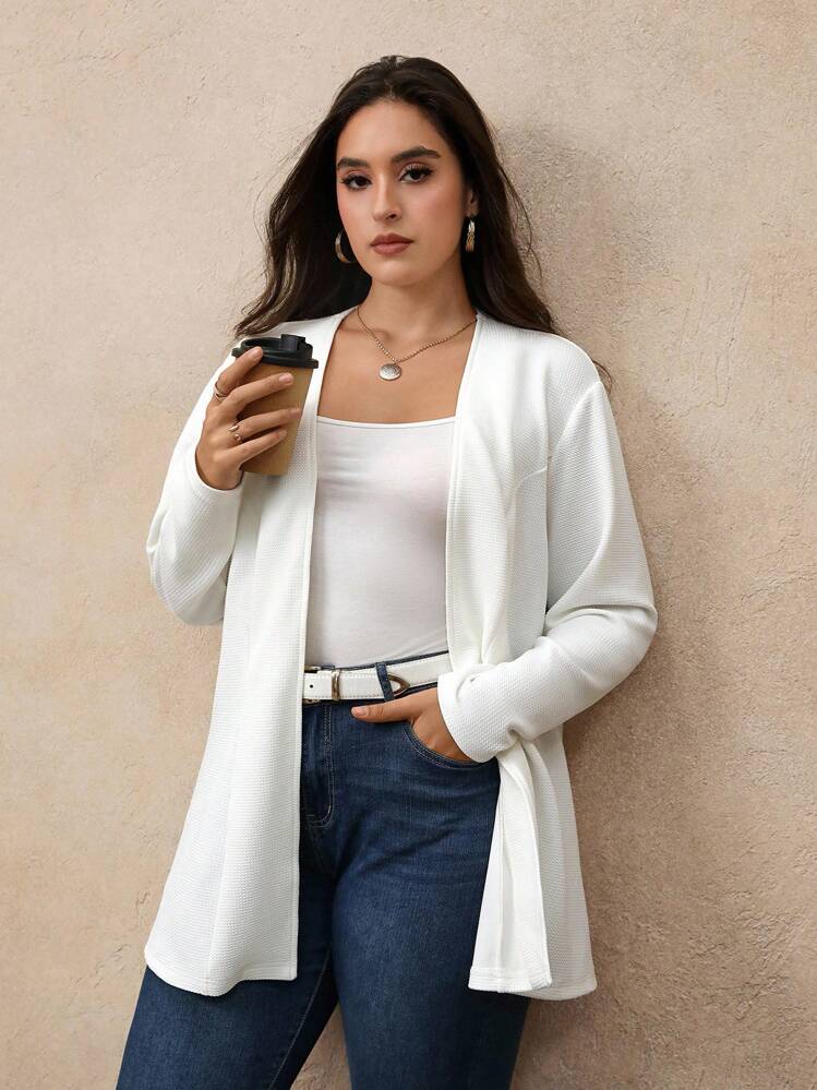 SHEIN CURVE+ Plus Size Women's Casual Knit Blazer Jacket, Suitable For Commuting, Leisure, Travel And Outdoor Wear Fall Cloth For Women Autumn - White - View 4