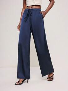 BizChic 2025 秋冬海军蓝色女式松紧腰可调节抽绳裤，缎面纹理，百搭，适合商务、休闲、办公室、约会、派对、机场、浪漫、乡村音乐节、复古、韩国、机场、婚礼嘉宾、生日、万圣节、圣诞节 - 藍色 - 查看 1