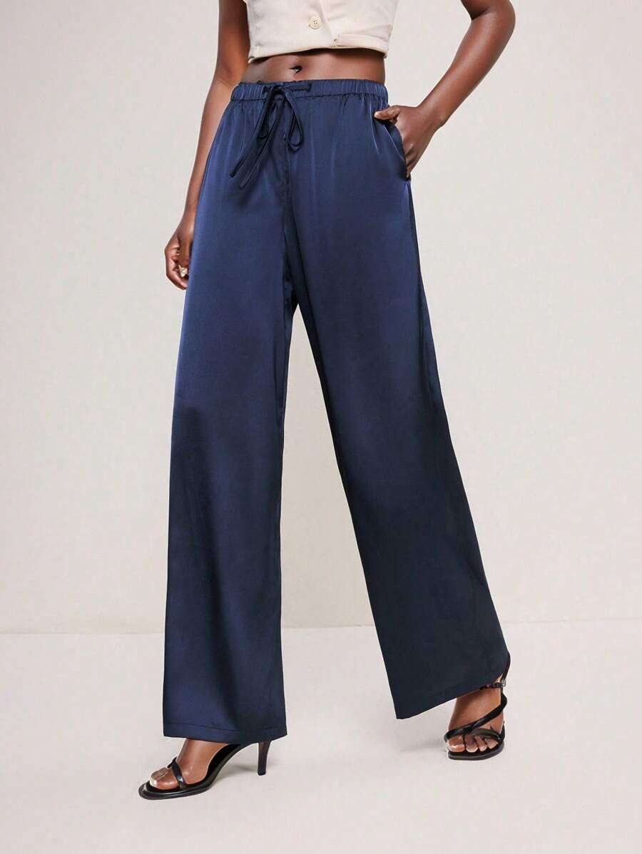 BizChic 2025 秋冬海军蓝色女式松紧腰可调节抽绳裤，缎面纹理，百搭，适合商务、休闲、办公室、约会、派对、机场、浪漫、乡村音乐节、复古、韩国、机场、婚礼嘉宾、生日、万圣节、圣诞节 - 藍色 - 查看 1