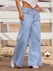 WESTFADE High Rise Super Wide Leg 100% Cotton Denim Jeans Vacation - Light Wash - View 1