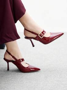 CUCCOO BIZCHIC حزام سميك معدني مع إبزيم للنساء، كعب رفيع مدبب، كعب متوسط، شخصي، مناسب للتنقل، فتاة رائعة، شارع، دراجة نارية، بانك روك، أسود لامع، جلد اصطناعي، أحذية مفتوحة الظهر ذات كعب عالي، ملابس مدونة الموضة، ملابس المكتب