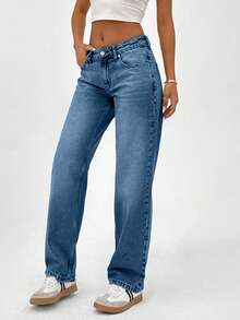 CasuGlow 100% Cotton LOW RISE  STRAIGHT FIT VINTAGE WASH Y2K STYLE JEAN - Blue - View 6