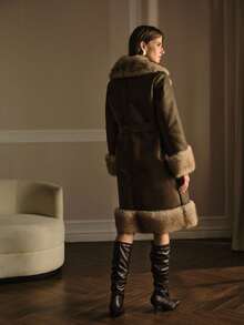 MOTF PREMIUM PU LEATHER FUZZY PANEL LAPEL COLLAR SINGLE BREASTED PLACKET BELTED COAT , FALL WINTER - Coffee Brown - View 7