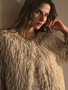 MOTF PREMIUM 复古流苏金属扣仿皮草夹克 - 杏色 - 查看 4