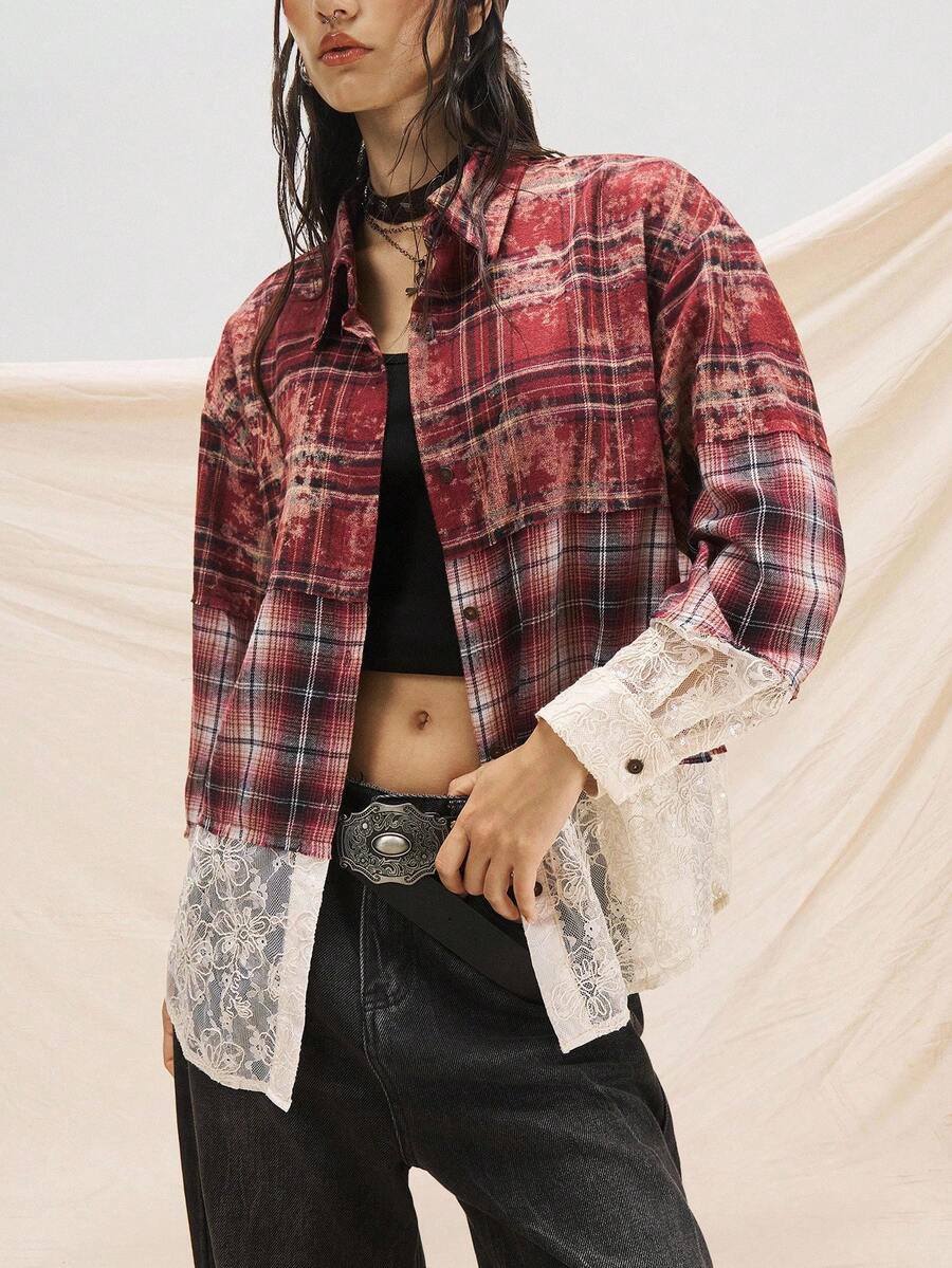 Easelle Damen Karohemd mit Kontrast-Spitze, Langarm, Knopfleiste, Lässig - Mokka-Braun - Übersicht 1