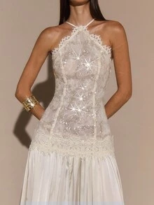 SHEIN BAE Apricot Lace Sexy Elegant Satin Patchwork Backless Dress, Formal Occasion, Cocktail Party, Elegant Long Gown, Autumn/Winter,Prom Dress,Fall Wedding Guest Dress, Sequin Dress,Valentine's Day,Valentine Outfits For Women - Apricot - View 8