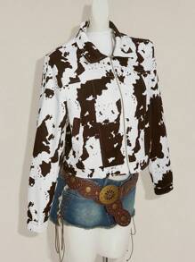 SHEIN ICON Fall/Winter Women's Western Boho Cow Print Zip Front Cropped Long Sleeve Jacket - Multicolor - View 3