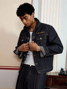 SWAVVY 男士刺绣长袖休闲牛仔夹克 - 深色水洗藍 - 查看 5