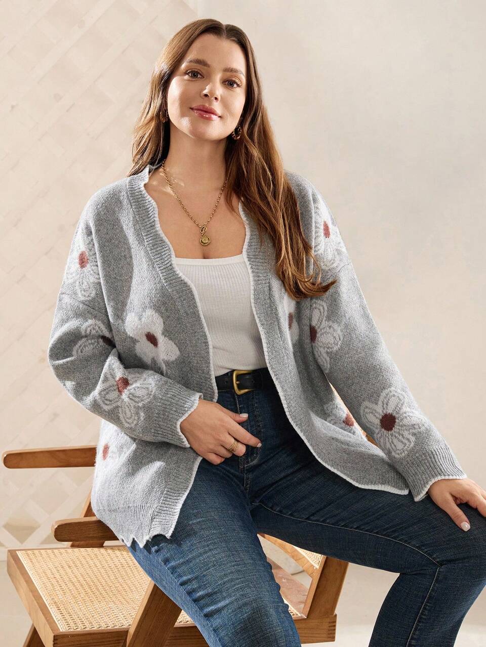 Plus Size Women's Chic Floral Pattern Drop Shoulder Long Sleeve Knit Cardigan,White Flowy Autumn Smart Casual Everyday Grey Winter Fall Sweater
