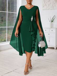 Fleurora Váy dạ hội trang trọng xuyên thấu màu xanh lam có cấu trúc thanh lịch cỡ lớn dành cho nữ mùa thu Quần áo nữ Váy xanh bốn mùa - Màu xanh lá cây đậm - Xem 3