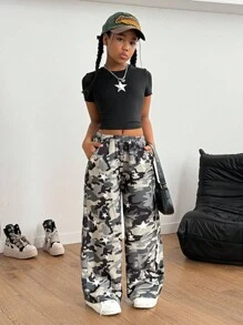 Sparklyn 2pcs/Set Tween Girl Streetwear Square Neck Star Print Tight Fit Short Sleeve T-Shirt + Loose Camouflage Wide Leg Pants, Casual Outfit, School, Campus, College