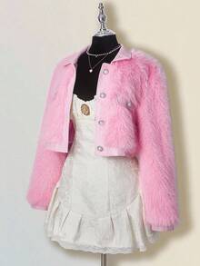 SHEIN ICON Women's Solid Color Long Sleeve Single-Breasted Faux Fur Elegant Jacket In Fall/Winter - Pink - View 8