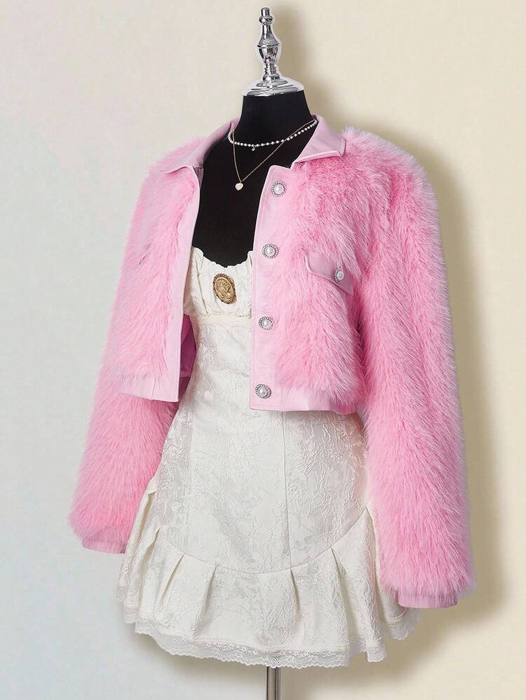 SHEIN ICON 秋冬女士纯色长袖单排扣仿皮草优雅夹克 - 粉色 - 查看 8