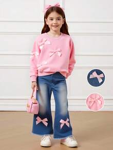 Elladie kids 两件套女童粉色圆领长袖蝴蝶结卫衣搭配喇叭牛仔裤，时尚甜美可爱，适合秋冬季节。粉色蝴蝶结牛仔裤，儿童粉色蝴蝶结牛仔裤，粉色蝴蝶结套装，女童粉色蝴蝶结卫衣，秋冬季 - 卡其色 - 查看 1